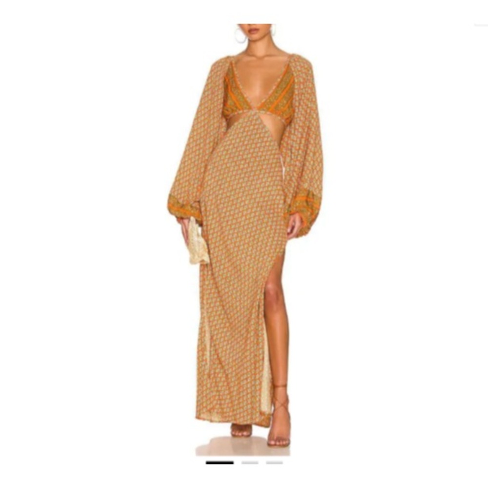 Jen's Pirate Booty Maxi Dress Size S Orange Open Back Balloon Sleeve Boho Resort